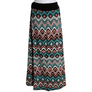 Vanity Womens Medium Aztec Print Maxi Skirt Fold Over Waist Band Slit Teal Black